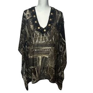Chicos Sheer Tribal Print Poncho‎ V Neck with Bead Embellished Neckline Size S/M